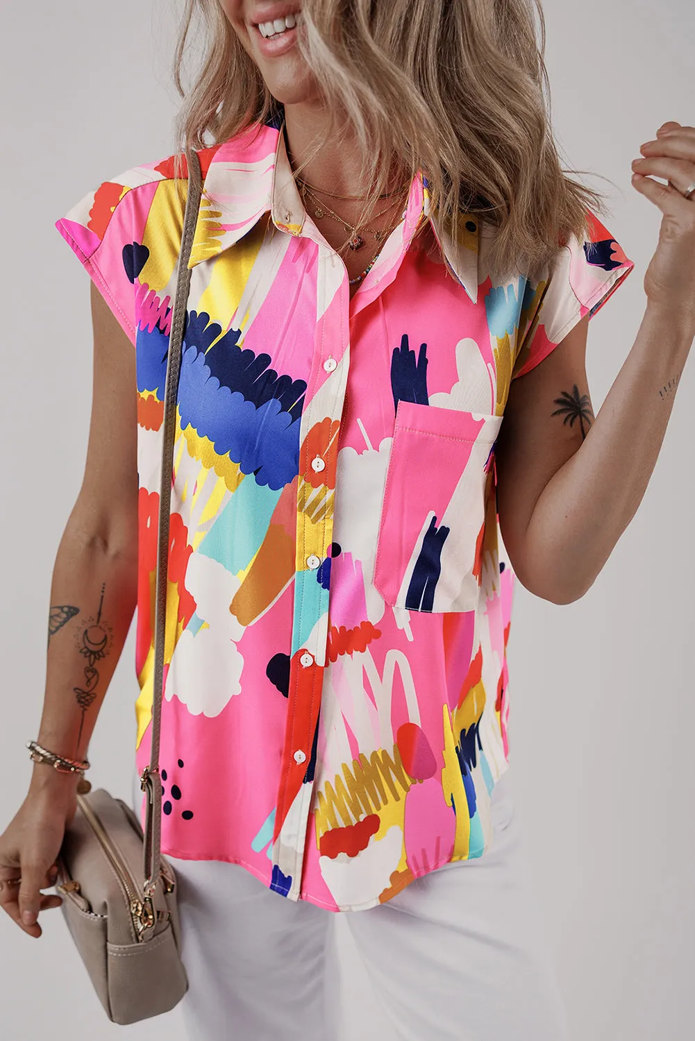 Abstract Cap Sleeve Buttoned Shirt