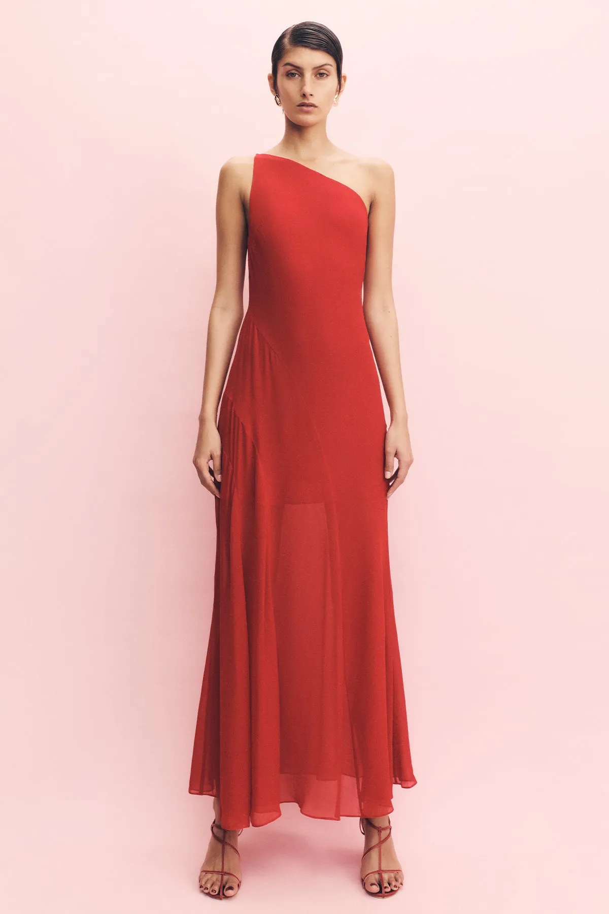 AMINA ONE SHOULDER PANELLED MAXI DRESS - CHILLI