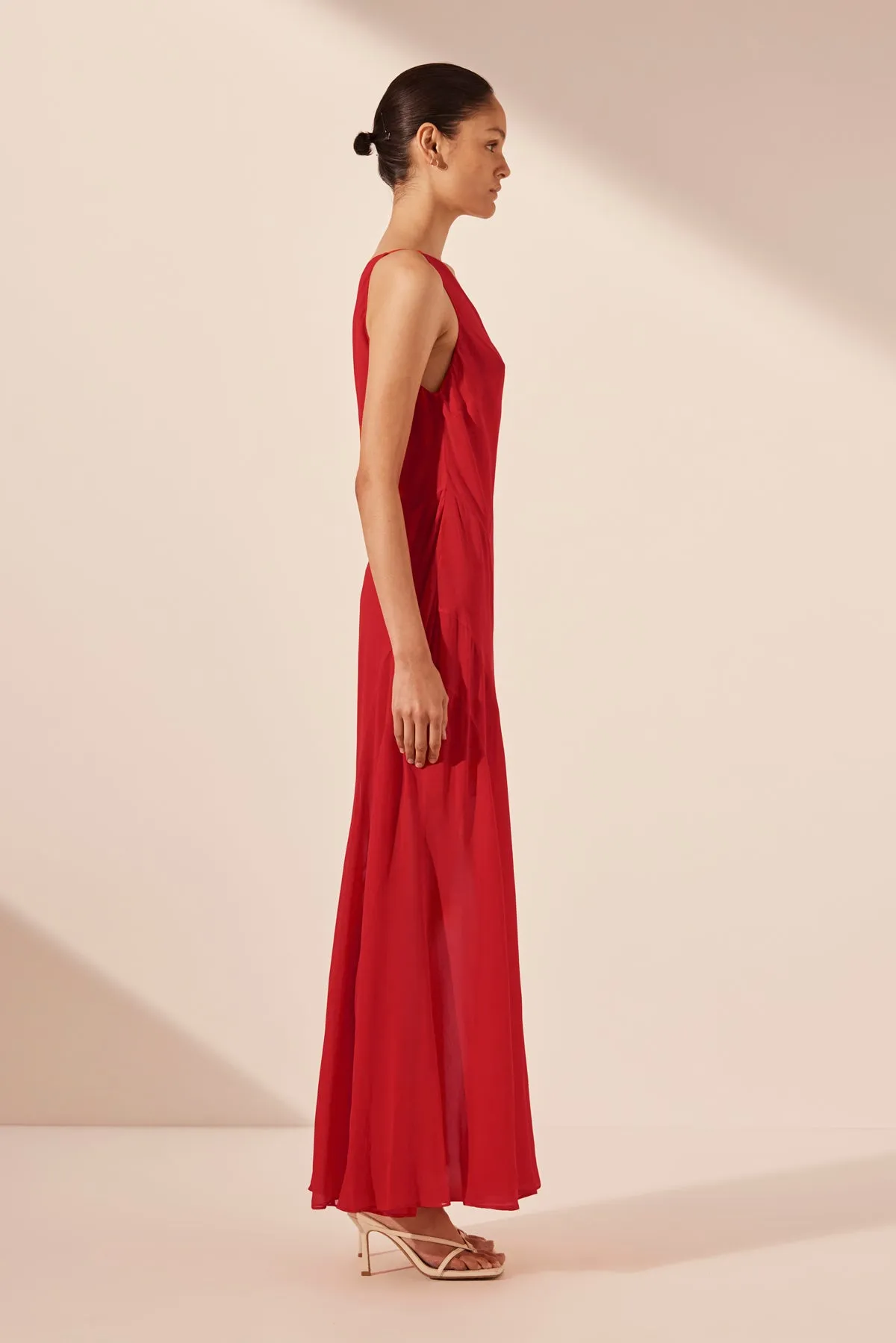 AMINA ONE SHOULDER PANELLED MAXI DRESS - CHILLI