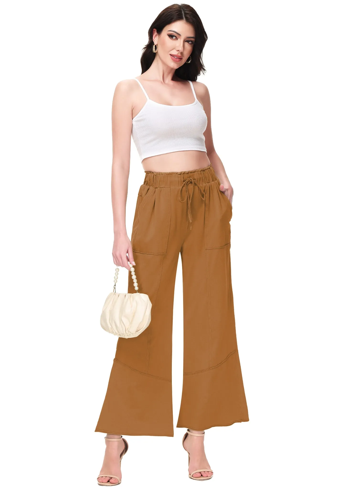 Anna-Kaci Womens High Waist Drawstring Wide Leg Long Pants Casual Loose Soft Ladies Pants with Pockets