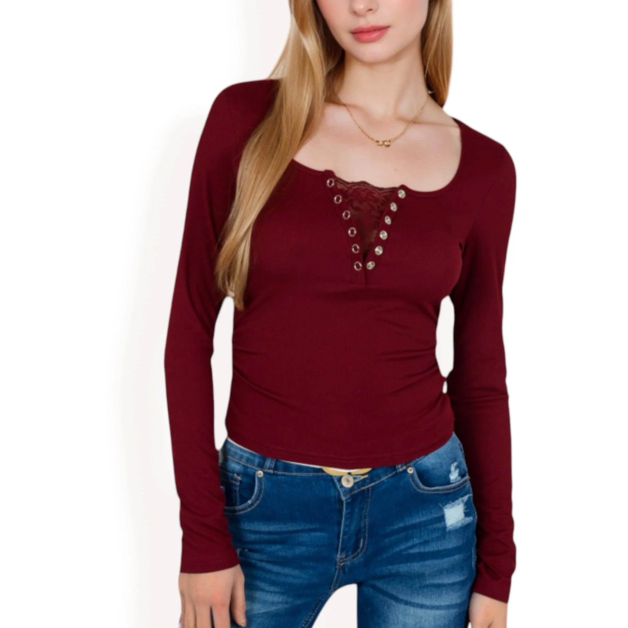 Anna-Kaci Women's Long Sleeve Lace Detail Henley Top with Decorative Buttons