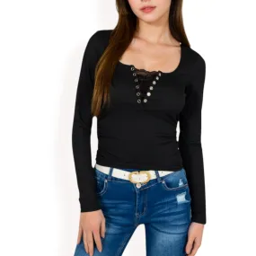 Anna-Kaci Women's Long Sleeve Lace Detail Henley Top with Decorative Buttons