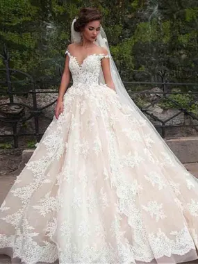 Ball Gown Vintage Wedding Dress Lace Short Sleeve Wedding Dress #ER156