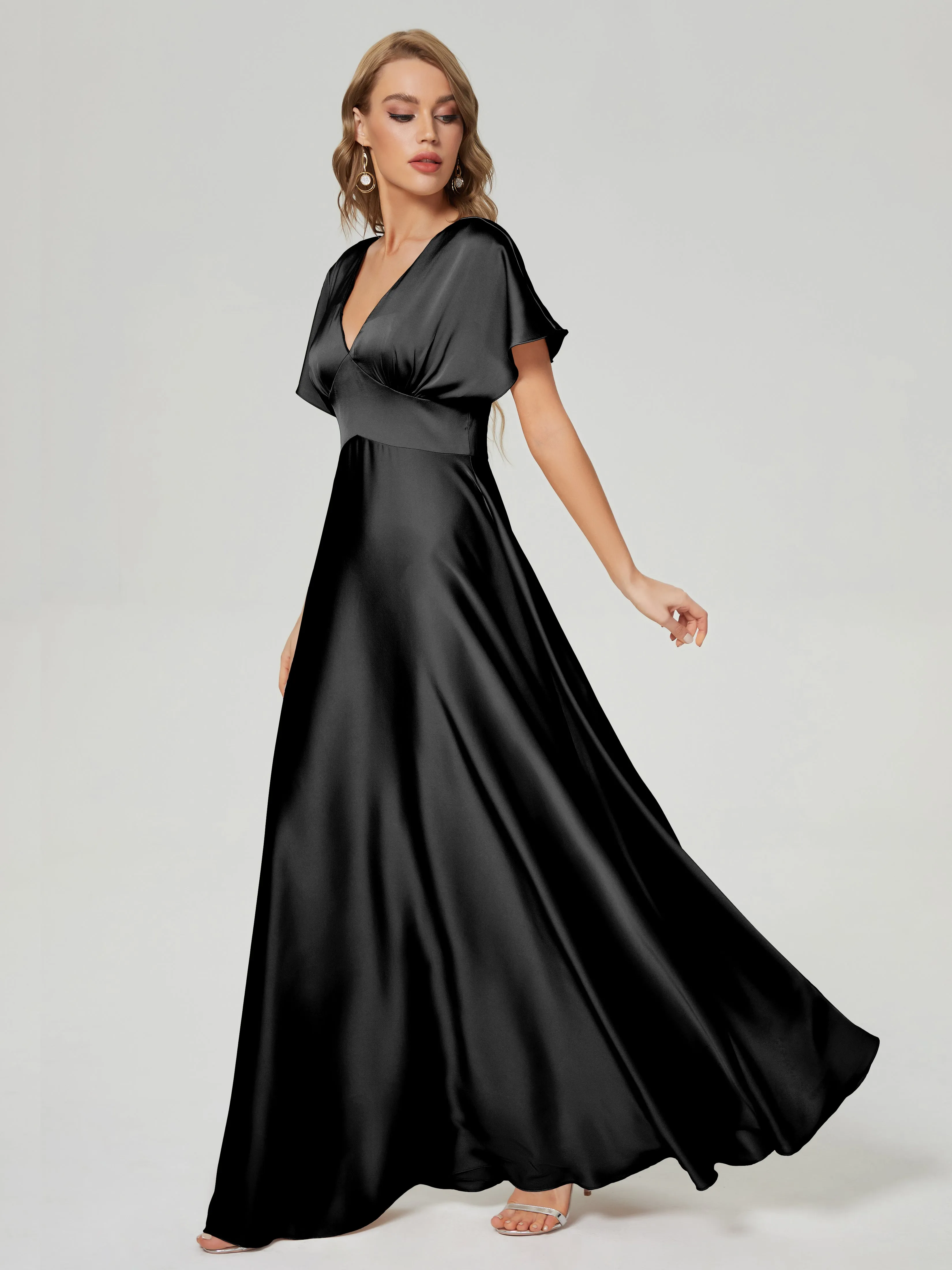 Black Bridesmaid Dresses With Sleeves Ariah Modest V Neck Short Sleeves Soft Satin Dresses