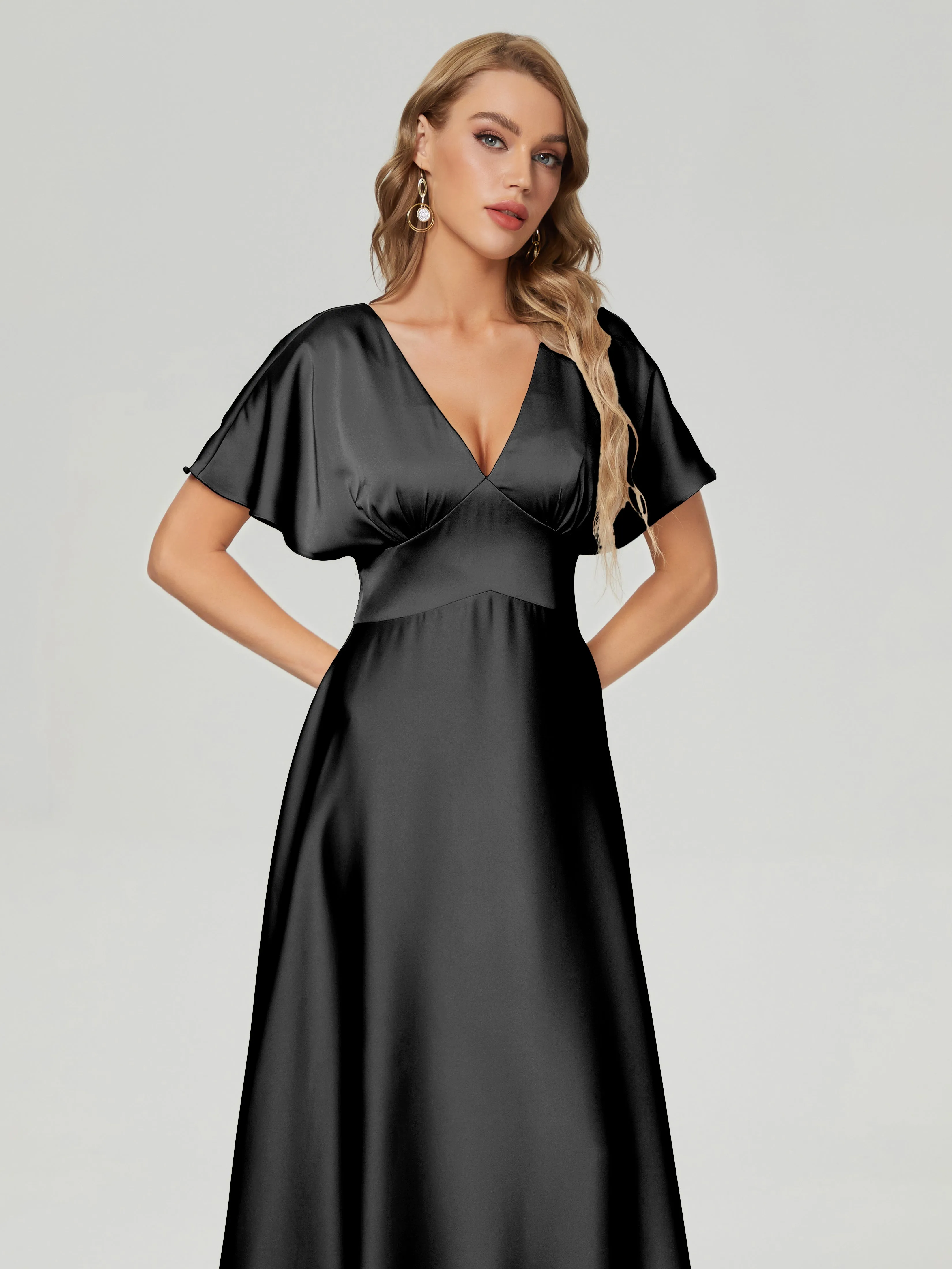 Black Bridesmaid Dresses With Sleeves Ariah Modest V Neck Short Sleeves Soft Satin Dresses