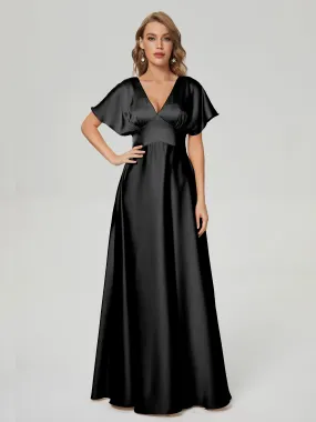 Black Bridesmaid Dresses With Sleeves Ariah Modest V Neck Short Sleeves Soft Satin Dresses