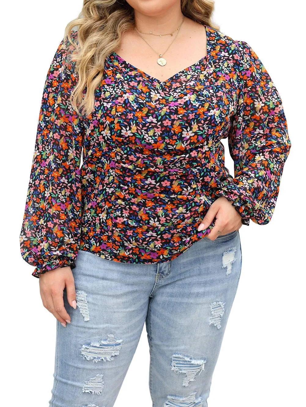 Black Plus Size V Neck Bubble Sleeve Floral Blouse