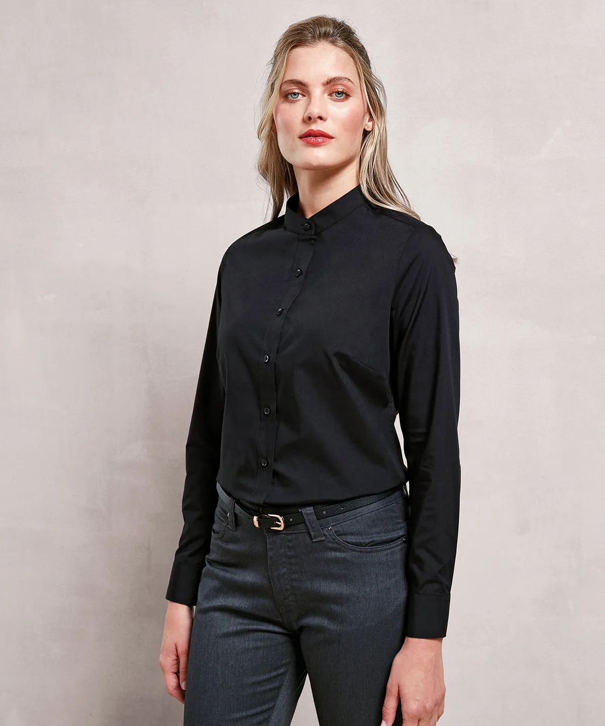 Black - Women's banded collar 'grandad' shirt