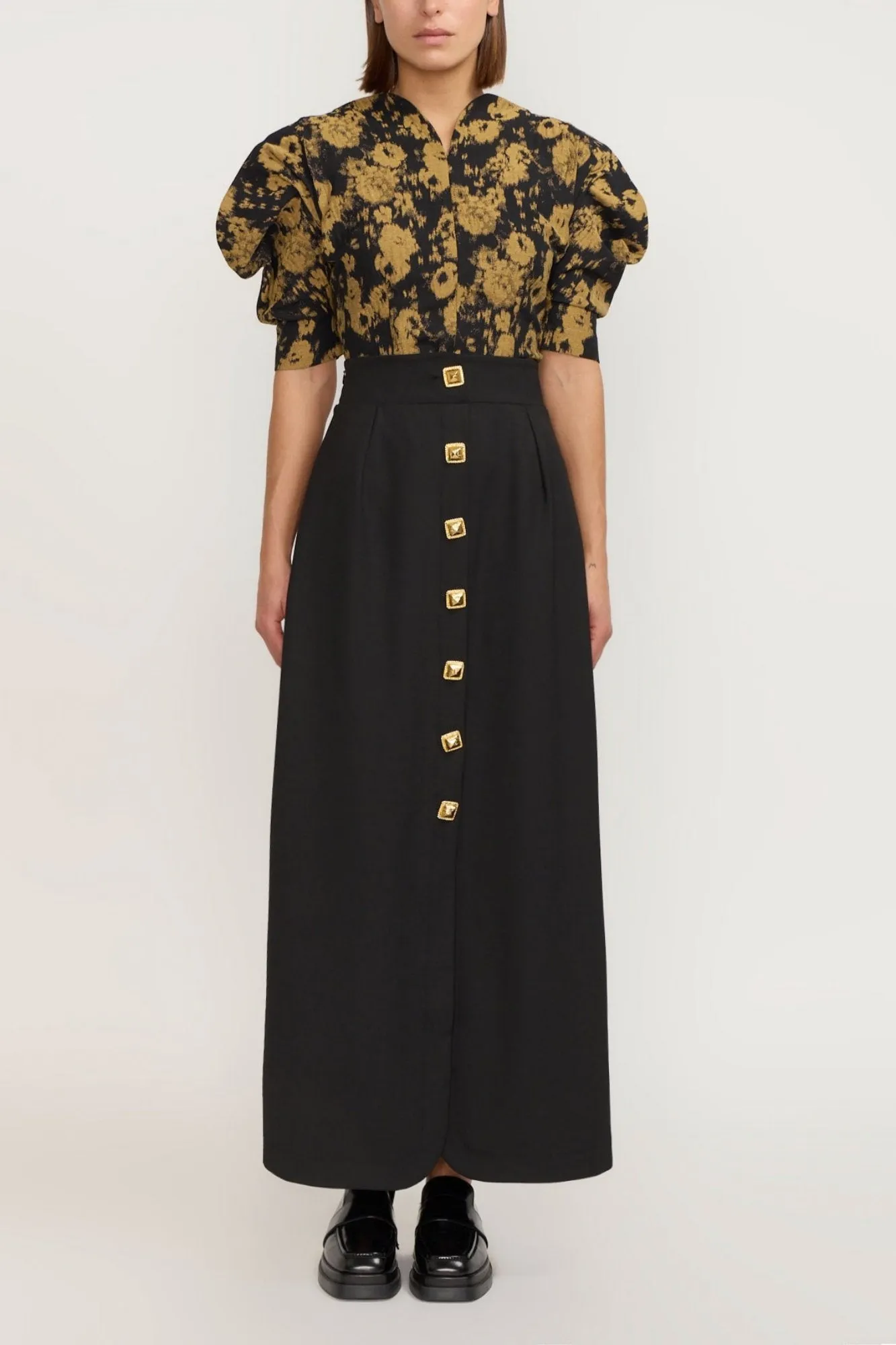 BLURRY BLACK & OCHRE Top with Puff Sleeves