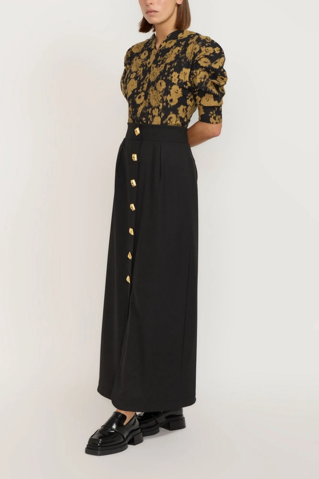 BLURRY BLACK & OCHRE Top with Puff Sleeves