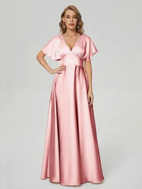 Blush Pink Bridesmaid Dresses Ariah Modest V Neck Short Sleeves Soft Satin Dresses