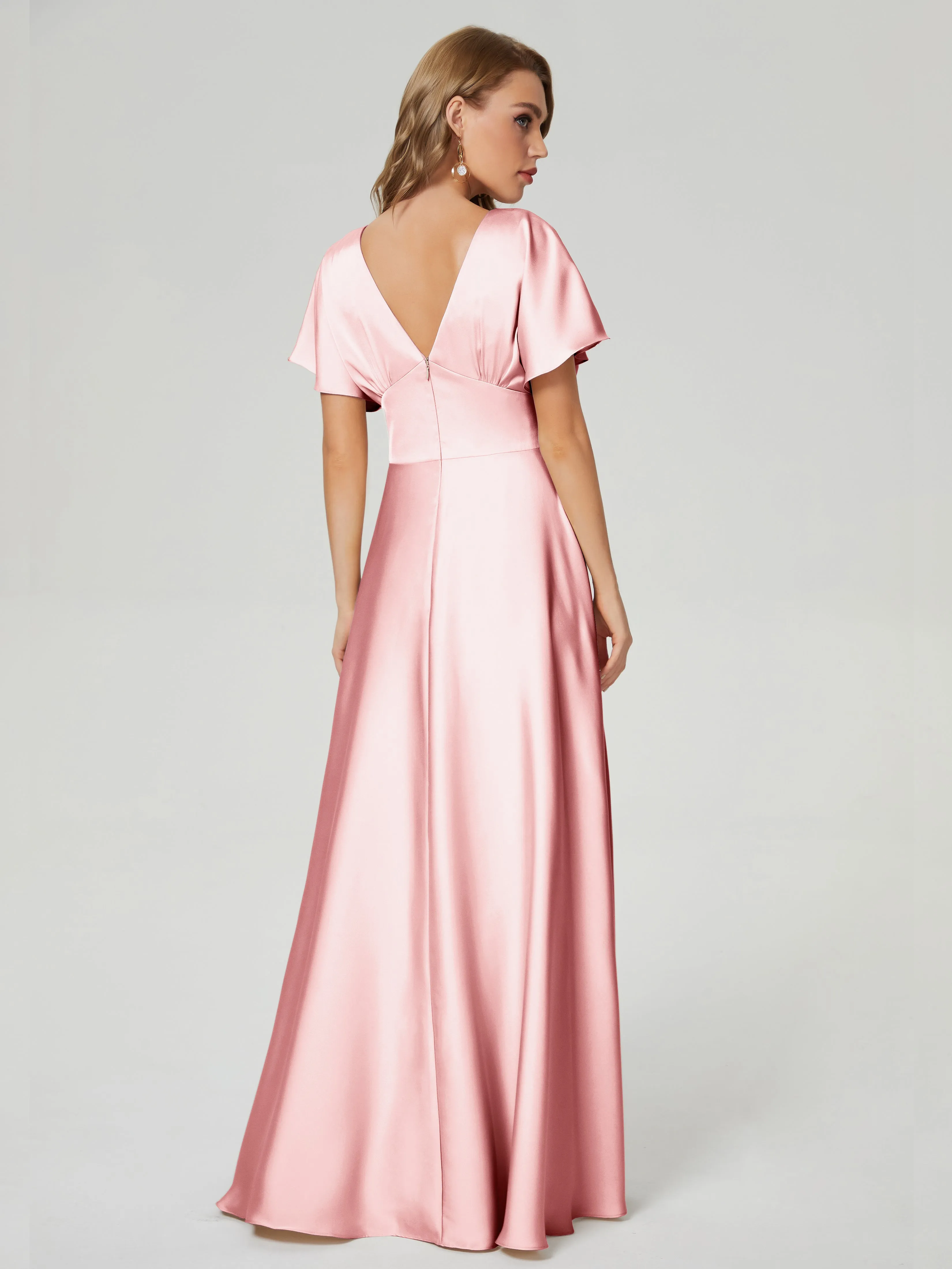 Blush Pink Bridesmaid Dresses Ariah Modest V Neck Short Sleeves Soft Satin Dresses