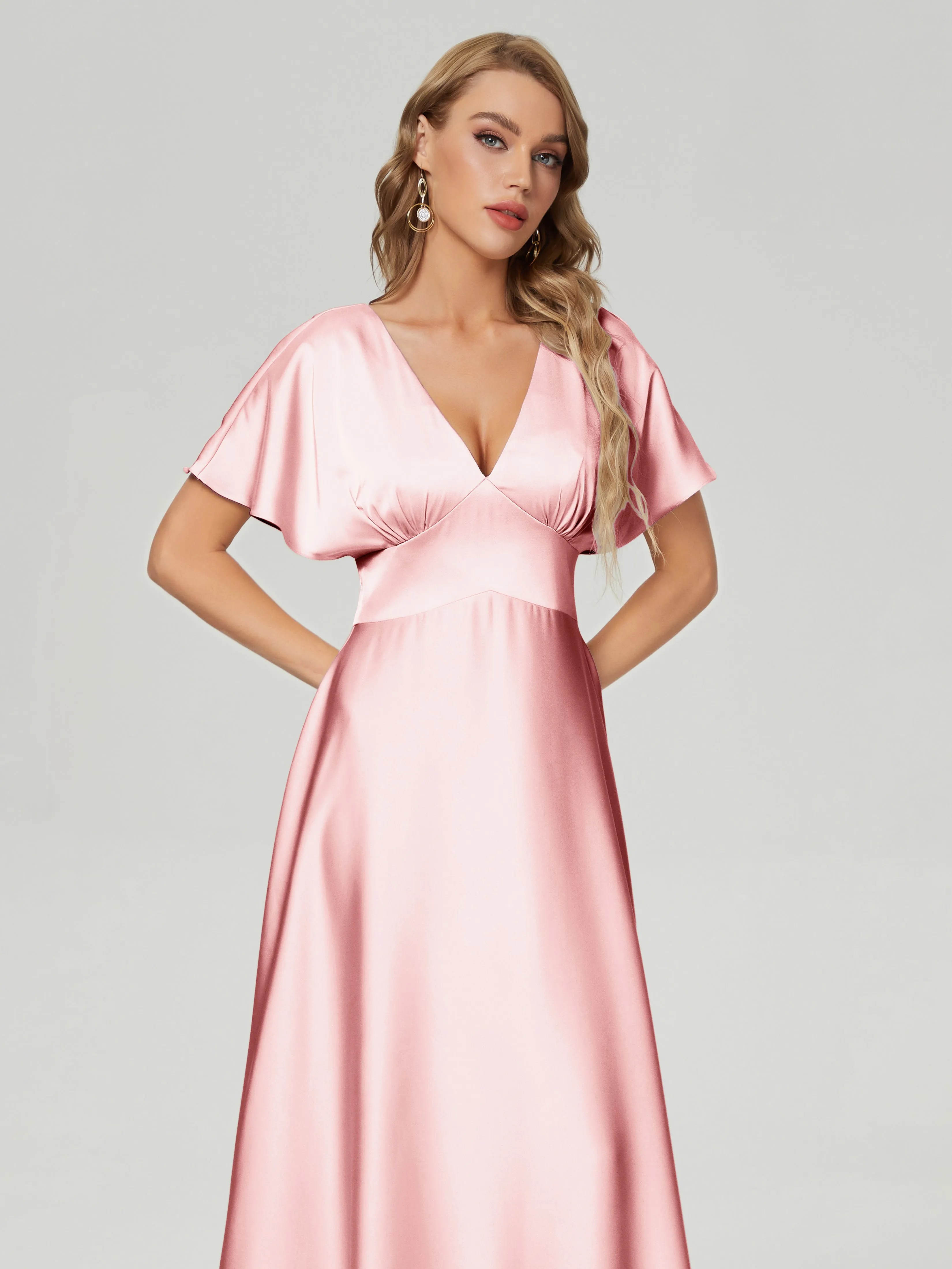 Blush Pink Bridesmaid Dresses Ariah Modest V Neck Short Sleeves Soft Satin Dresses