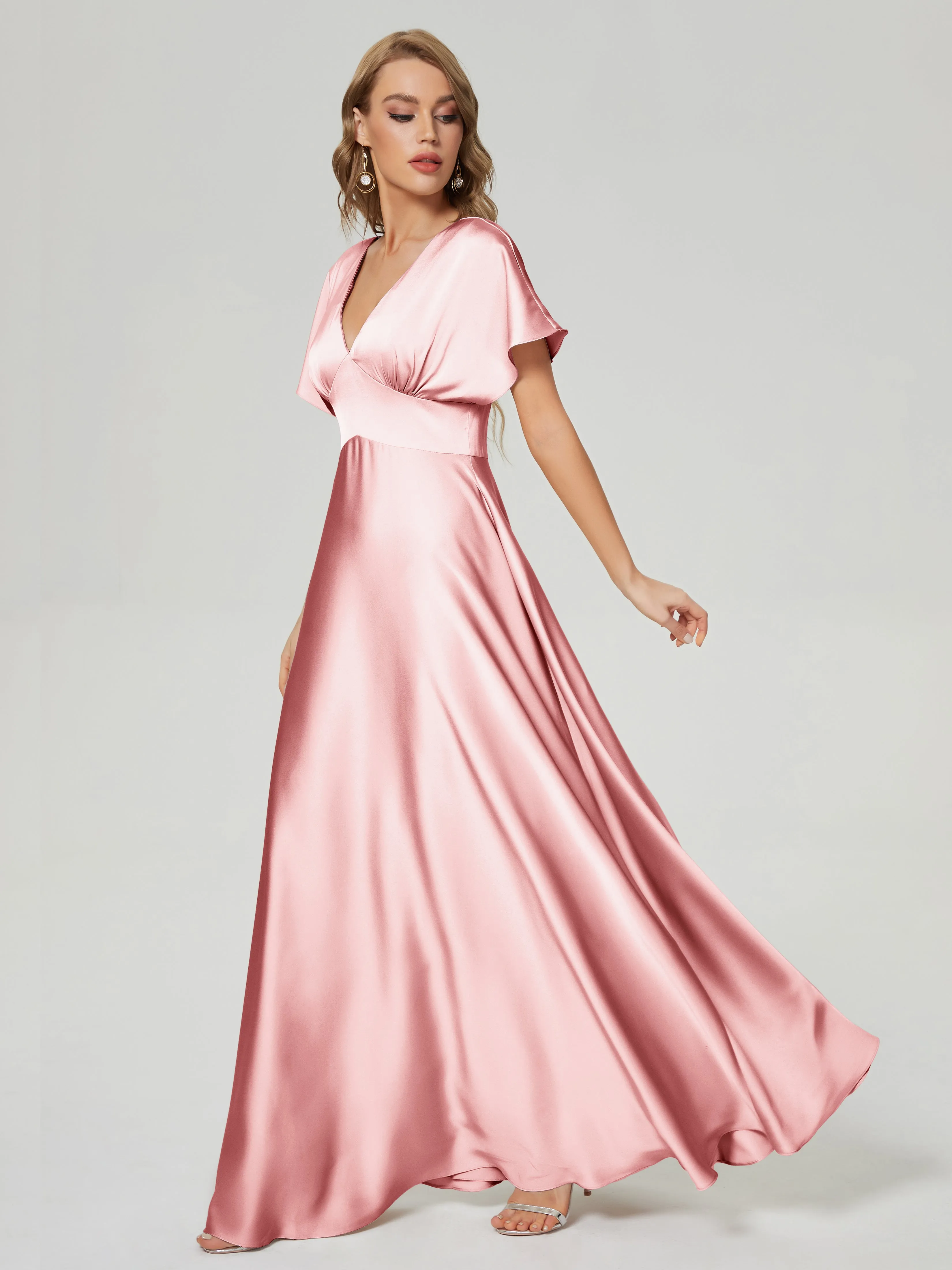 Blush Pink Bridesmaid Dresses Ariah Modest V Neck Short Sleeves Soft Satin Dresses