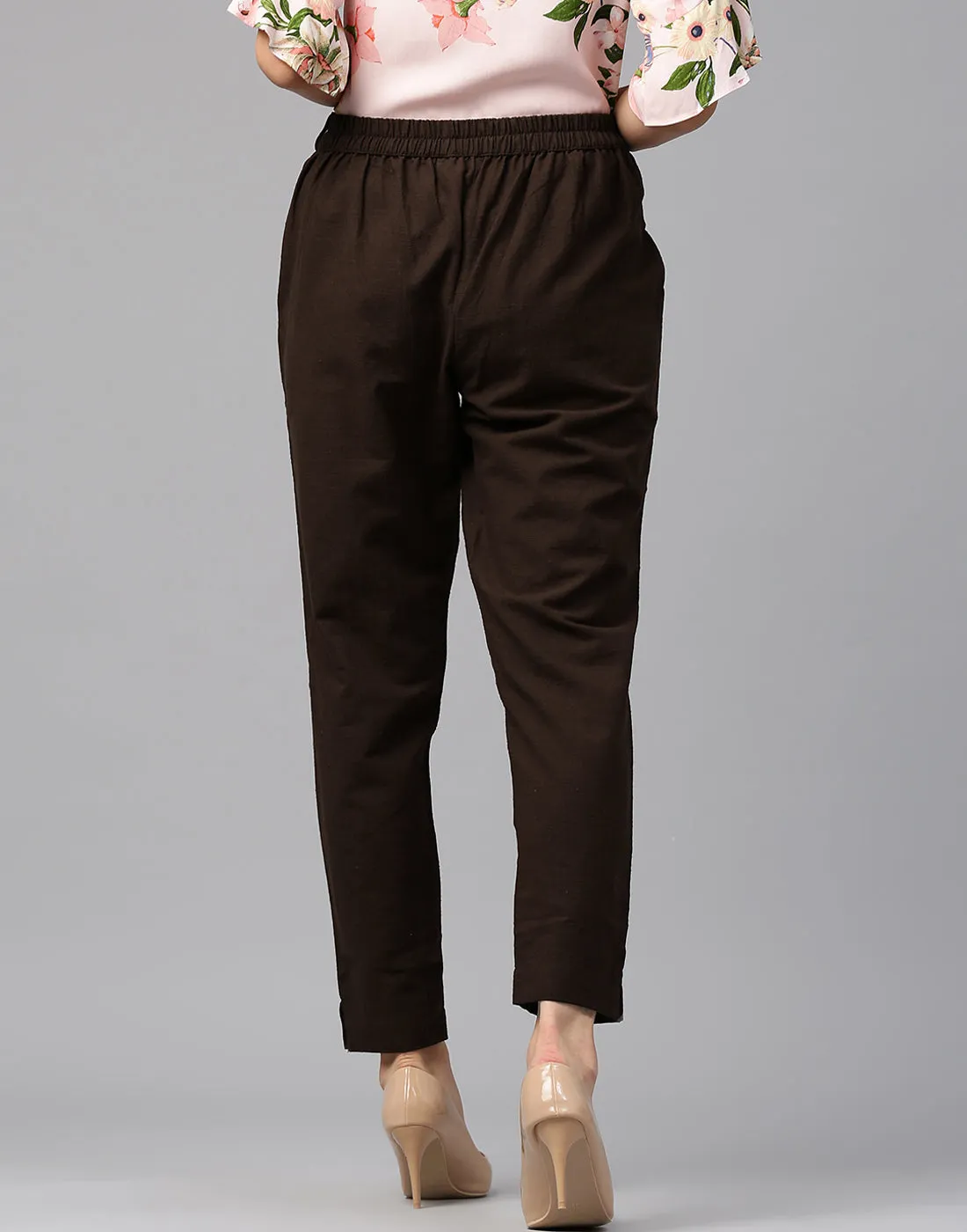 Brown Solid Cotton Slub Straight Pants