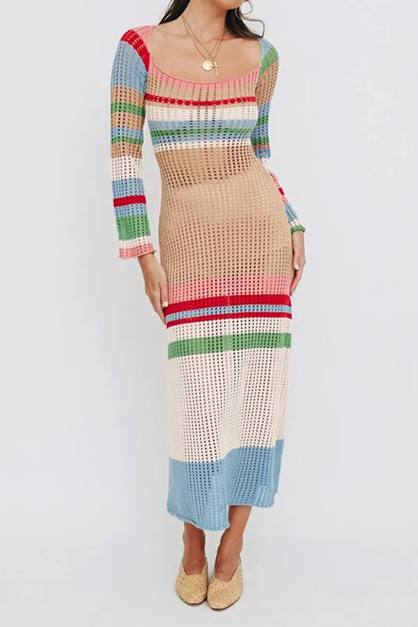 Casual & Stylish Elegant & Stylish Patchwork Hollowed Out Contrast U Neck Dresses