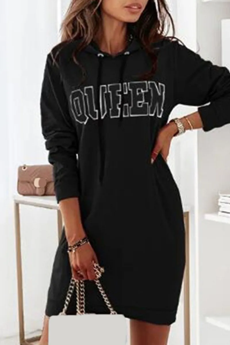 Casual & Stylish Letter Draw String Hooded Collar Dresses