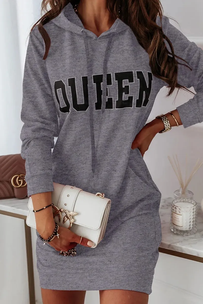 Casual & Stylish Letter Draw String Hooded Collar Dresses