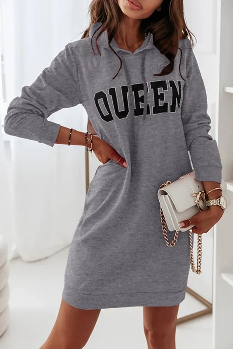 Casual & Stylish Letter Draw String Hooded Collar Dresses