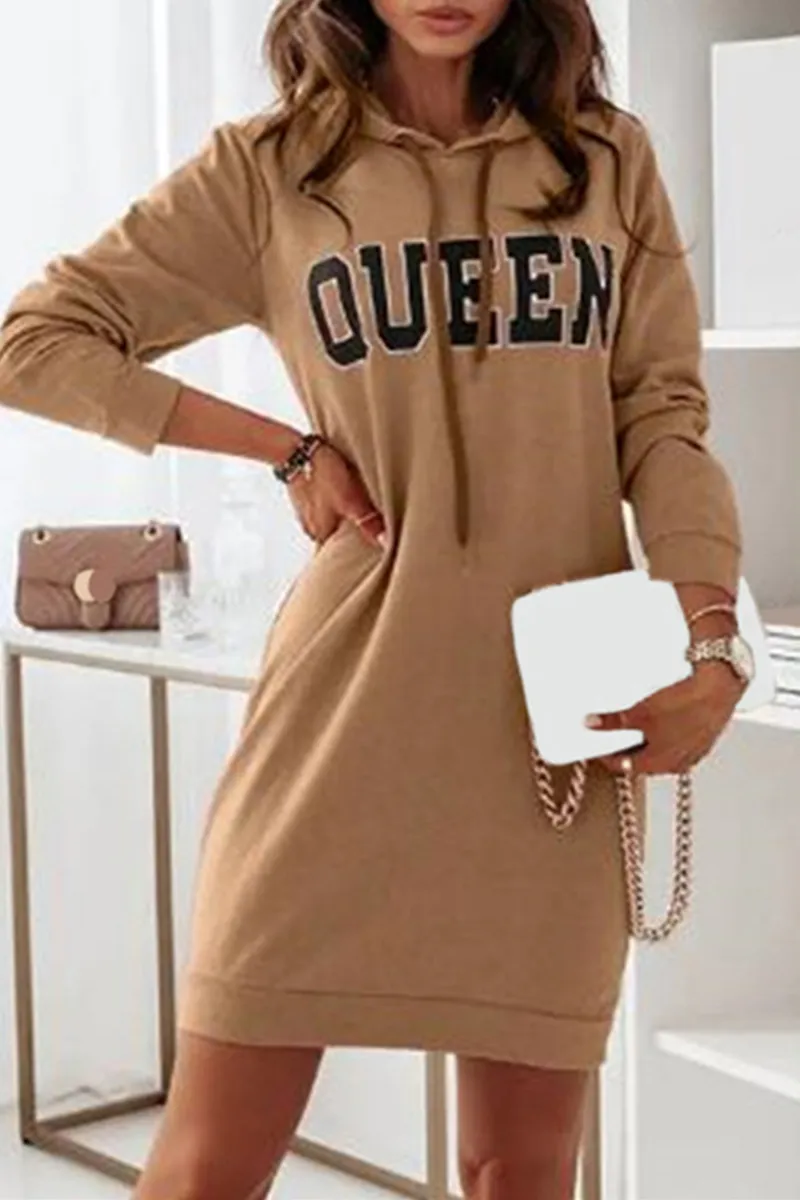 Casual & Stylish Letter Draw String Hooded Collar Dresses