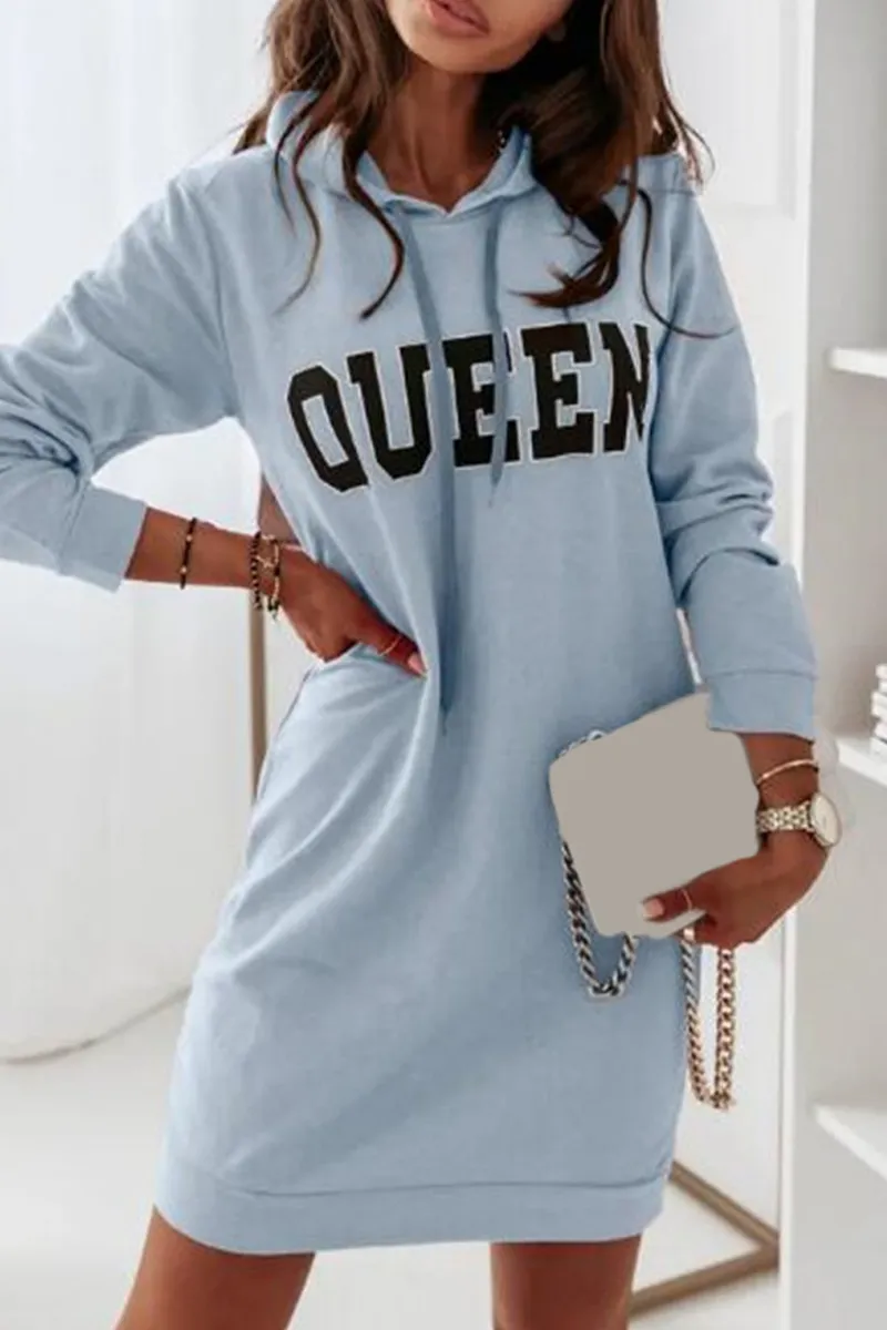 Casual & Stylish Letter Draw String Hooded Collar Dresses