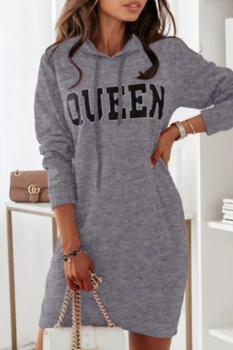 Casual & Stylish Letter Draw String Hooded Collar Dresses