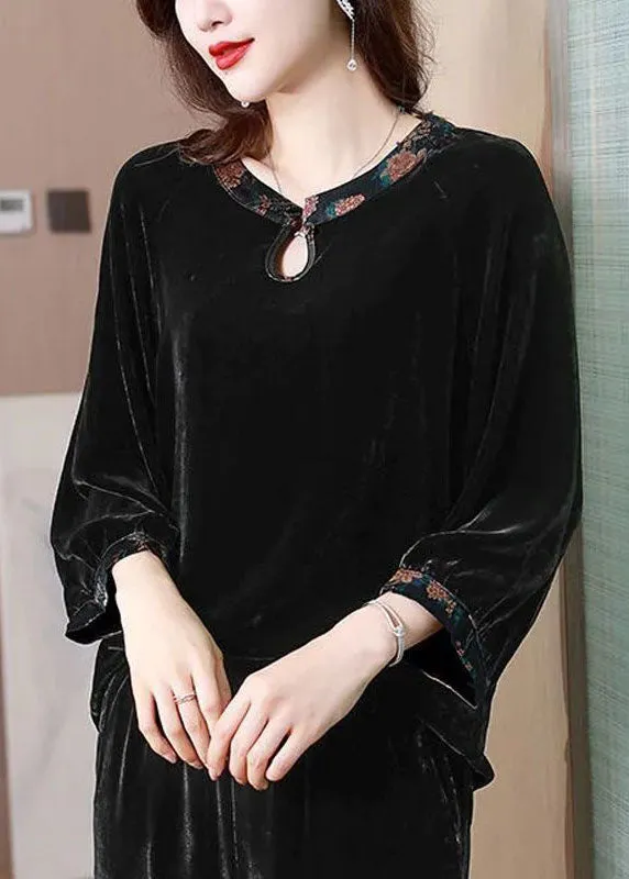 Chic Black O Neck Patchwork Silk Velour Shirts Top Spring TI1030