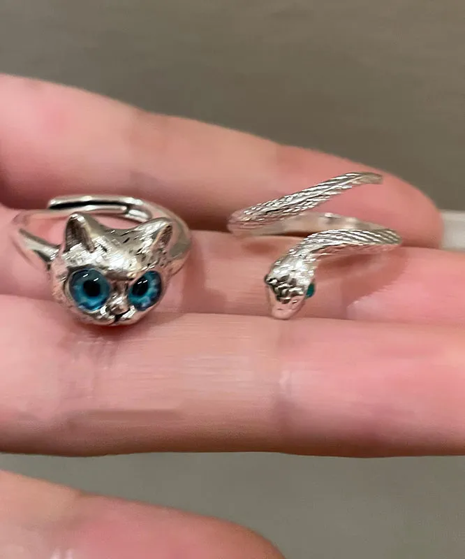 Chic Blue Alloy Glass Little Cats And Snake Rings Two Pieces Set ZZ069