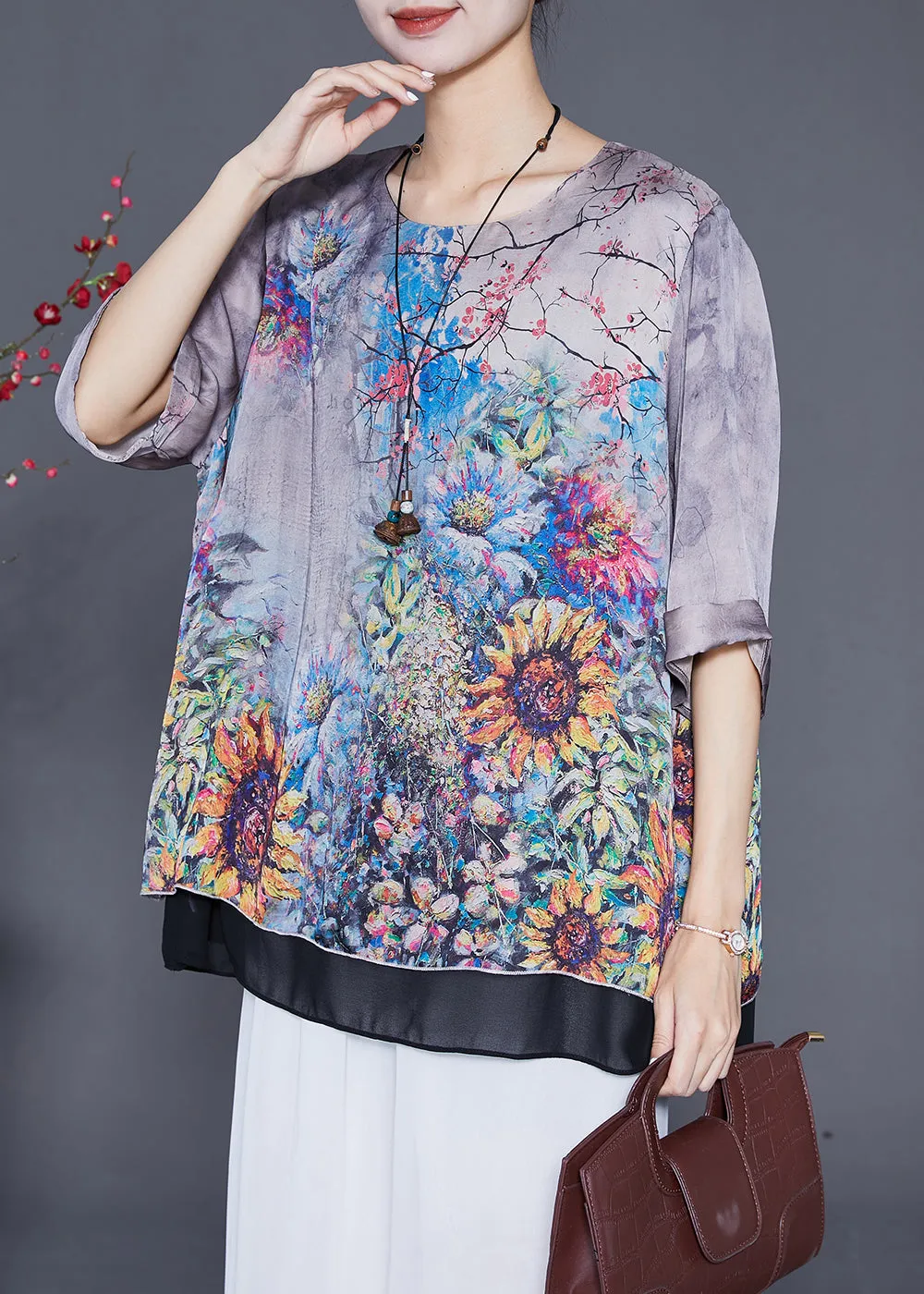 Chic Grey Oversized Patchwork Print Silk Shirts Summer LY6885