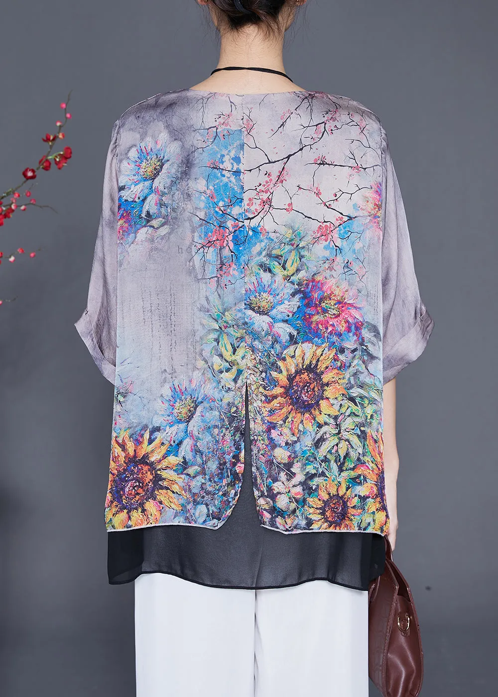 Chic Grey Oversized Patchwork Print Silk Shirts Summer LY6885