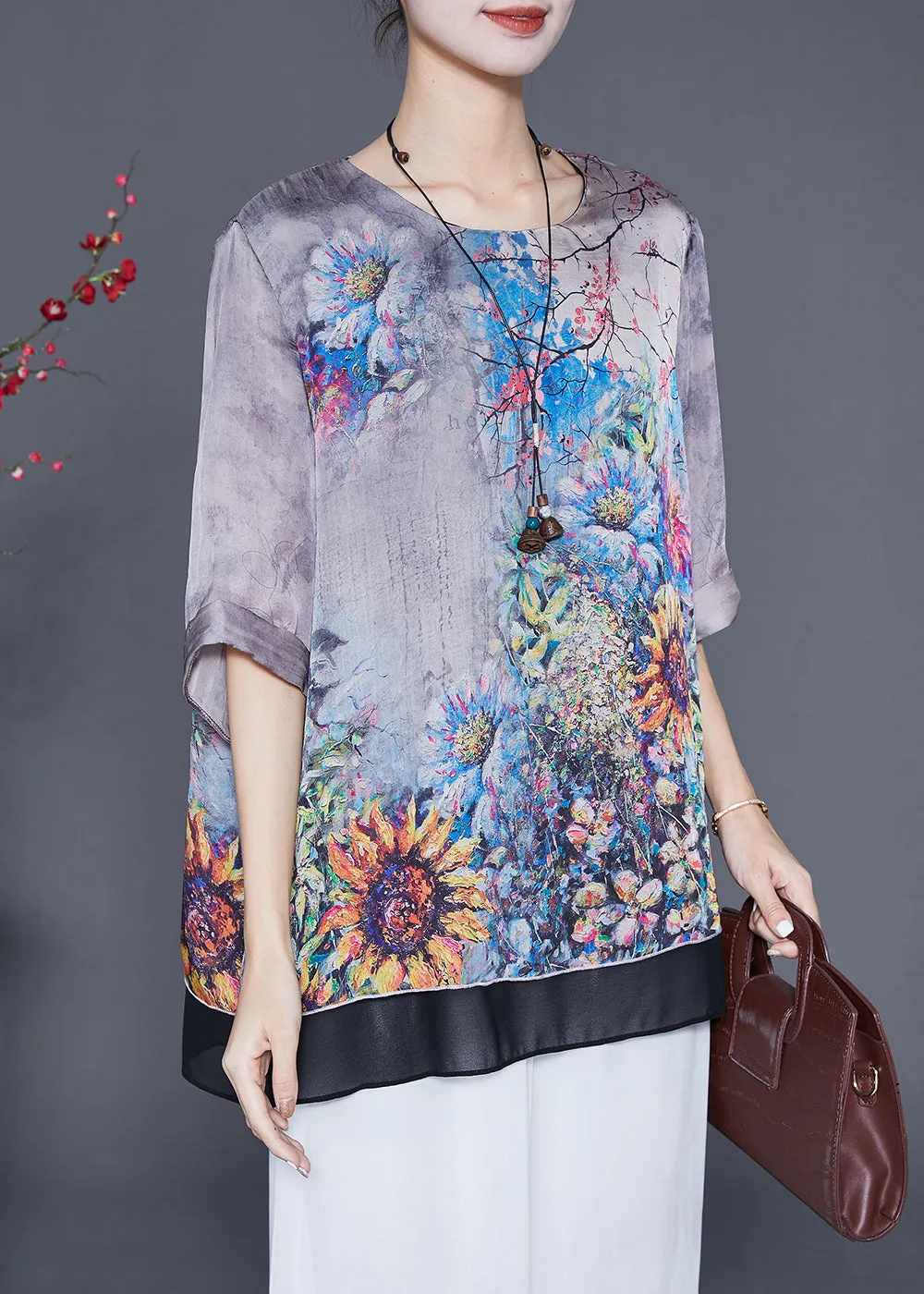 Chic Grey Oversized Patchwork Print Silk Shirts Summer LY6885