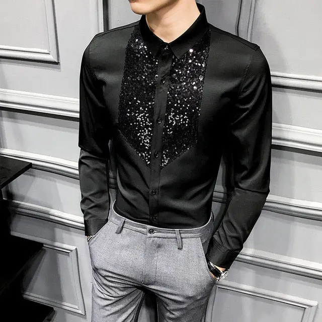 Chic Men Shirt Fashion  Front Sequins Tuxedo Long Sleeve