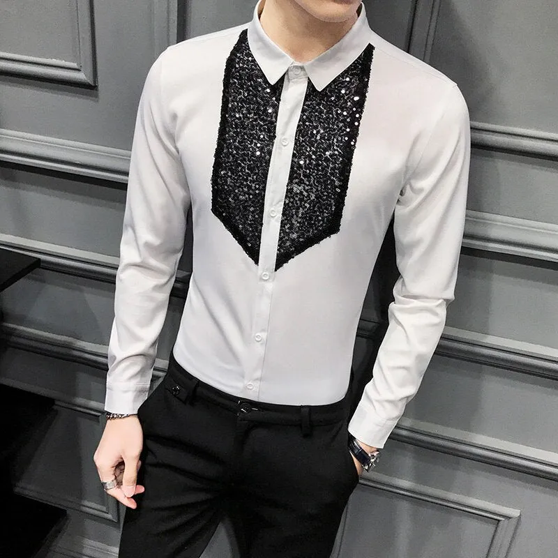 Chic Men Shirt Fashion  Front Sequins Tuxedo Long Sleeve