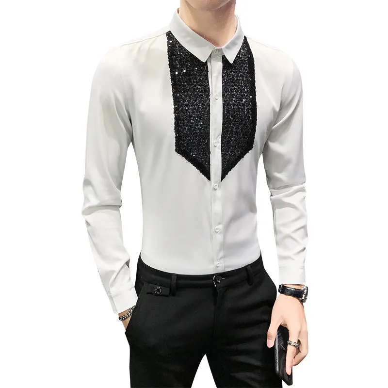 Chic Men Shirt Fashion  Front Sequins Tuxedo Long Sleeve