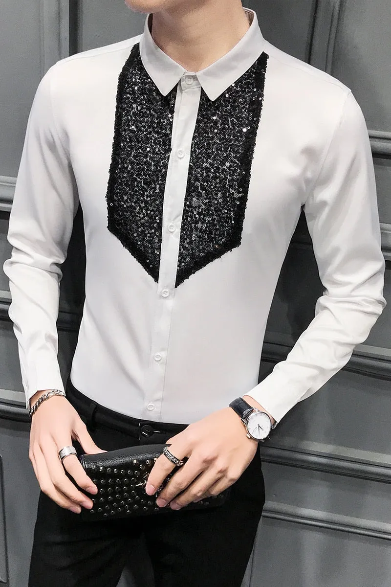 Chic Men Shirt Fashion  Front Sequins Tuxedo Long Sleeve