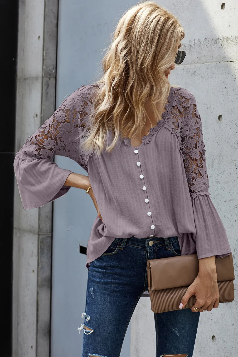 Chic Purple Crochet Lace Button Blouse Top