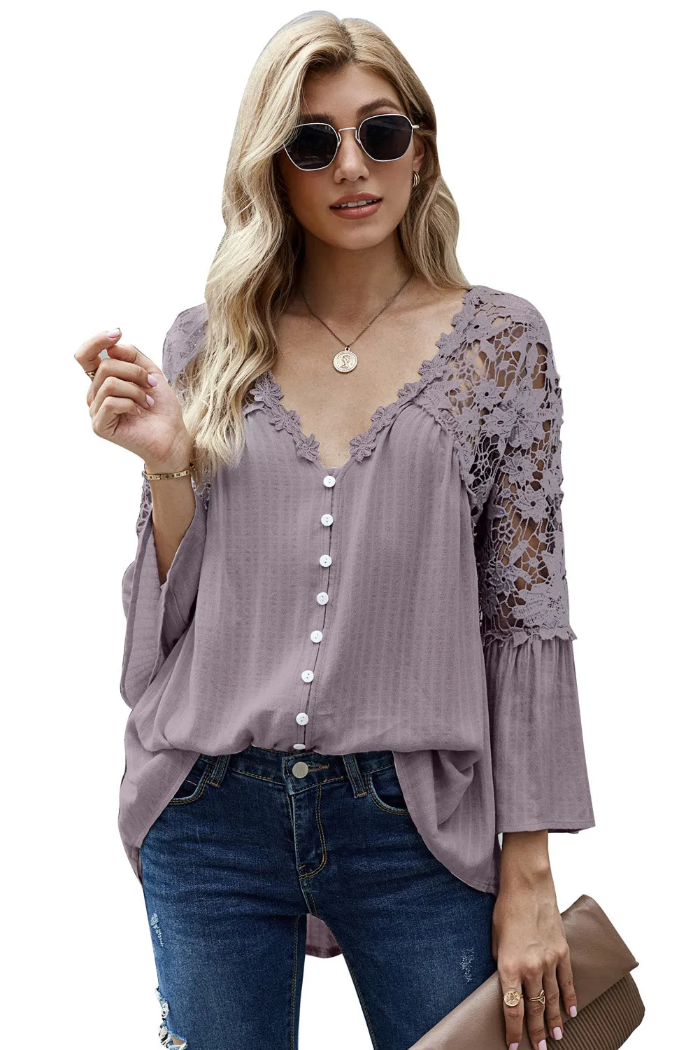 Chic Purple Crochet Lace Button Blouse Top