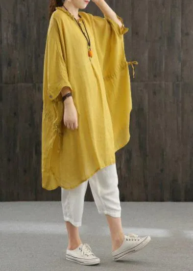 Chic Yellow Shirts O Neck Cinched Top