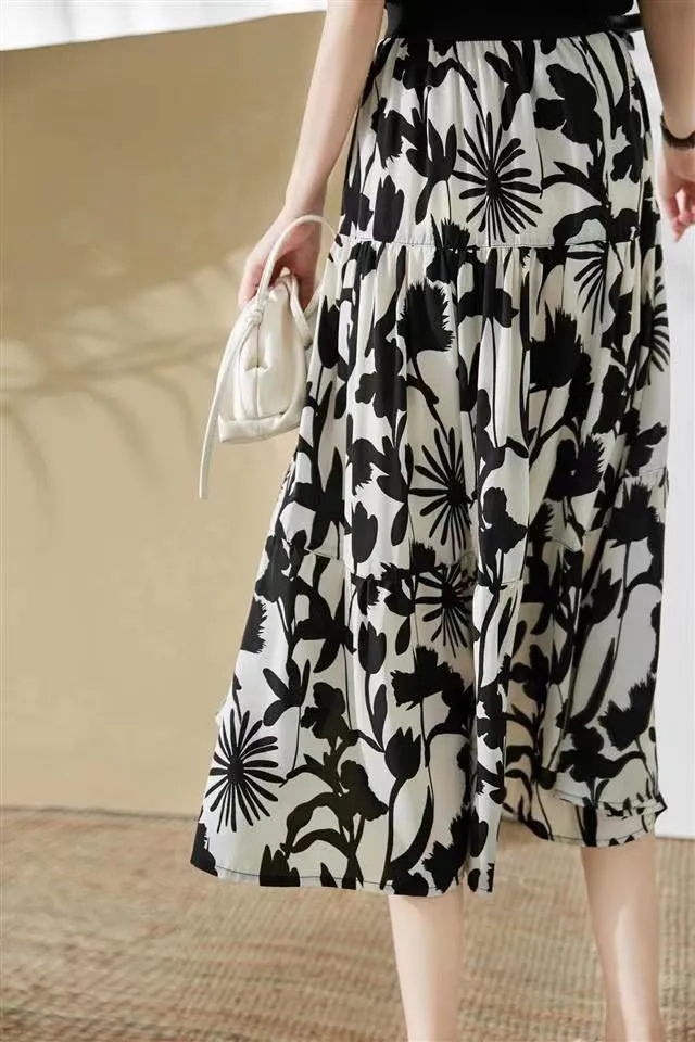 Chiffon Drape A-Line High Waist Skirt Mid-Length Elegant Feminine Summer Petite All-Matching Skirt