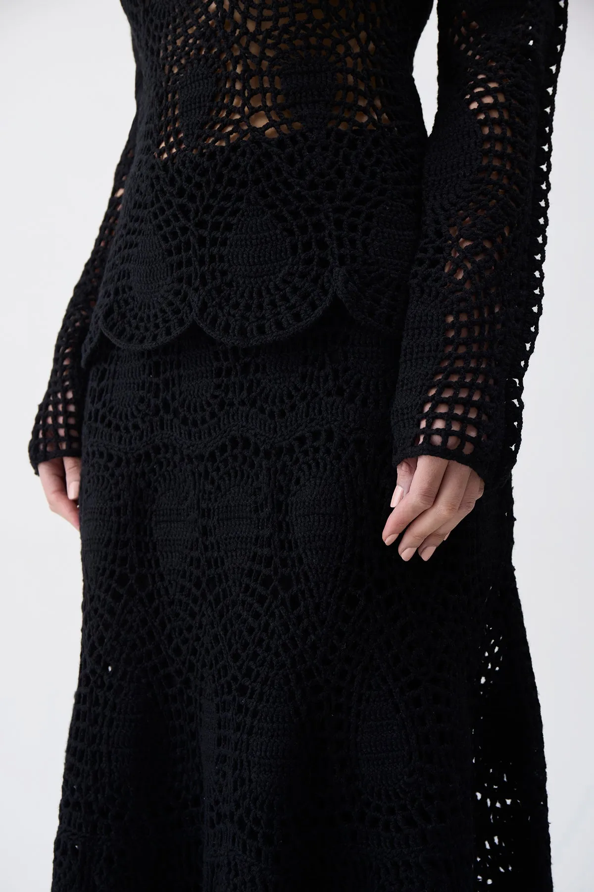 Cleo Crochet Maxi Skirt in Black Wool Cashmere