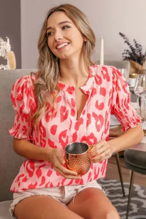 Coral Leopard Smocked Short Sleeve Blouse Top