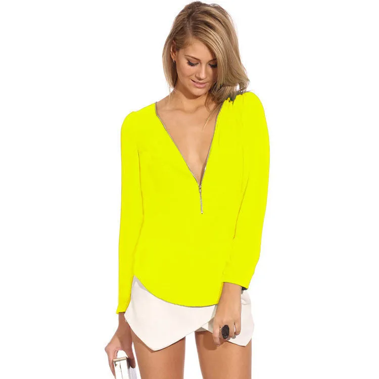 Deep V-neck Long Sleeves Slim Pure Color Zipper Chiffon Blouse