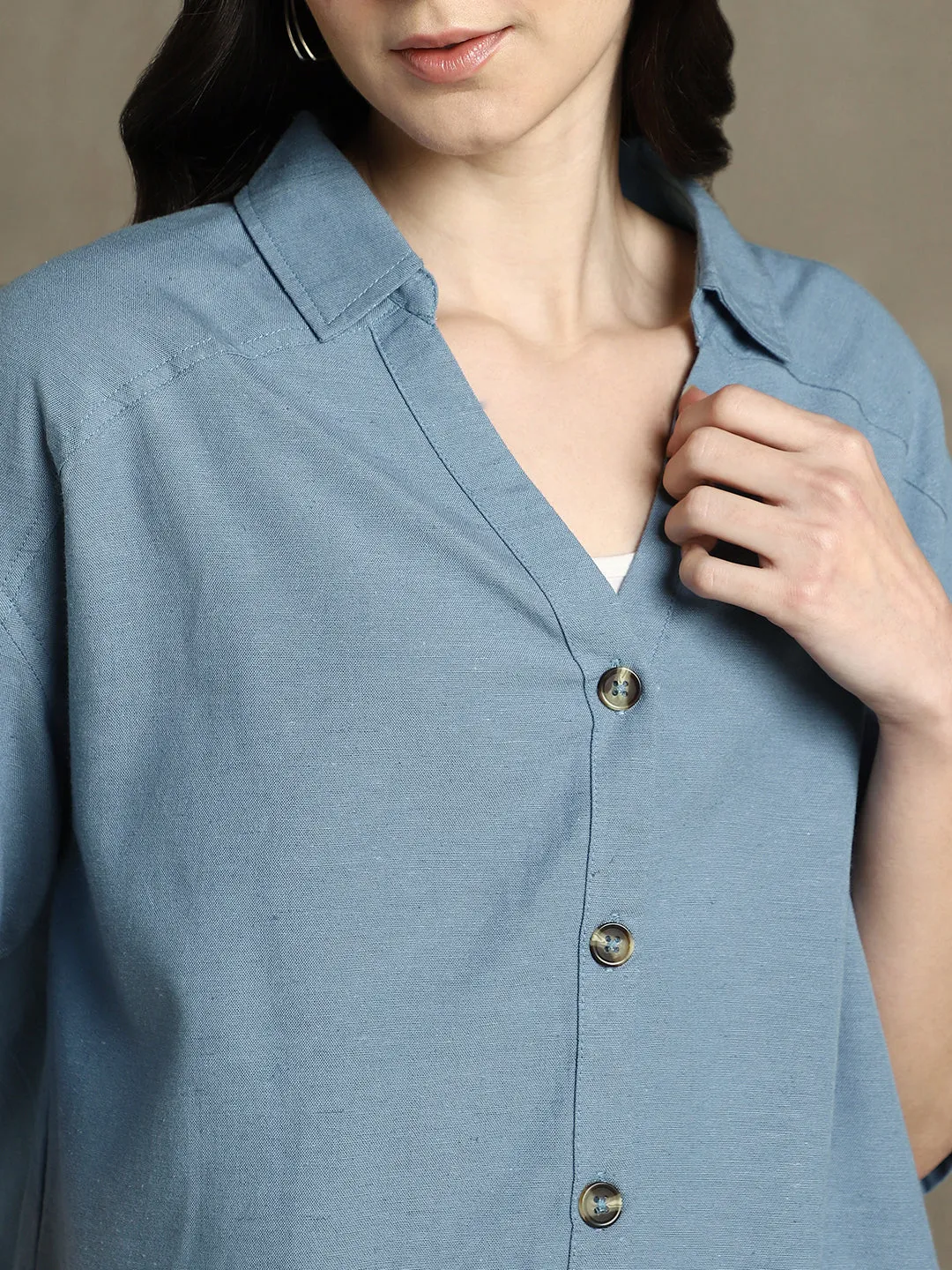 DL Woman Indigo Solid Spread Collar Half Sleeves Oversized Shirt