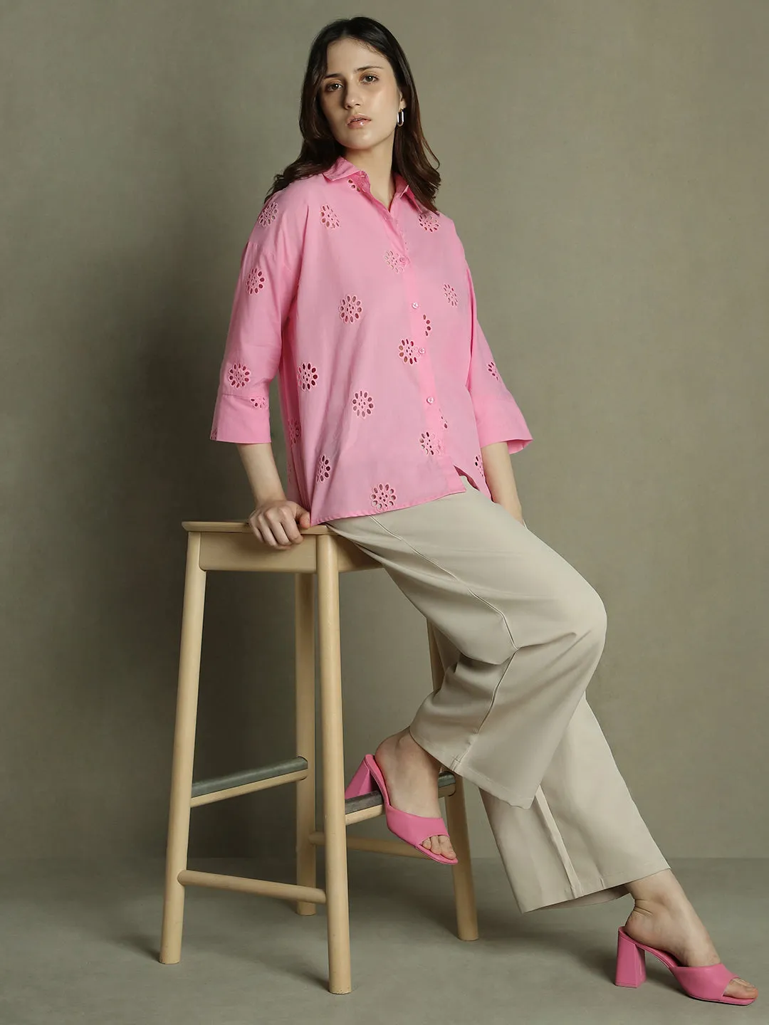 DL Woman Pink Collared Schiffli  Cotton Shirt