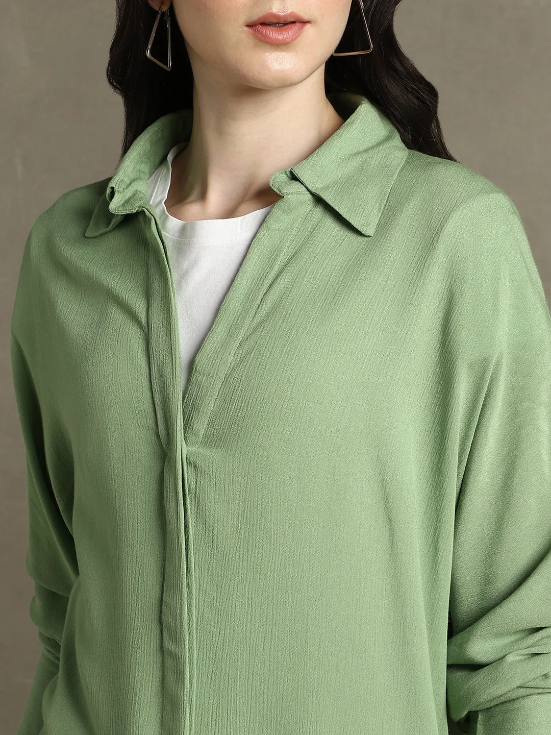 DL Woman Sage Green Solid Spread Collar Full Sleeves Oversized Shirt