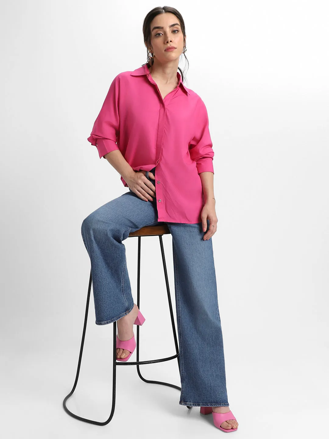 DL Woman Shirt Collar Relaxed Fit Solid Pink Shirt