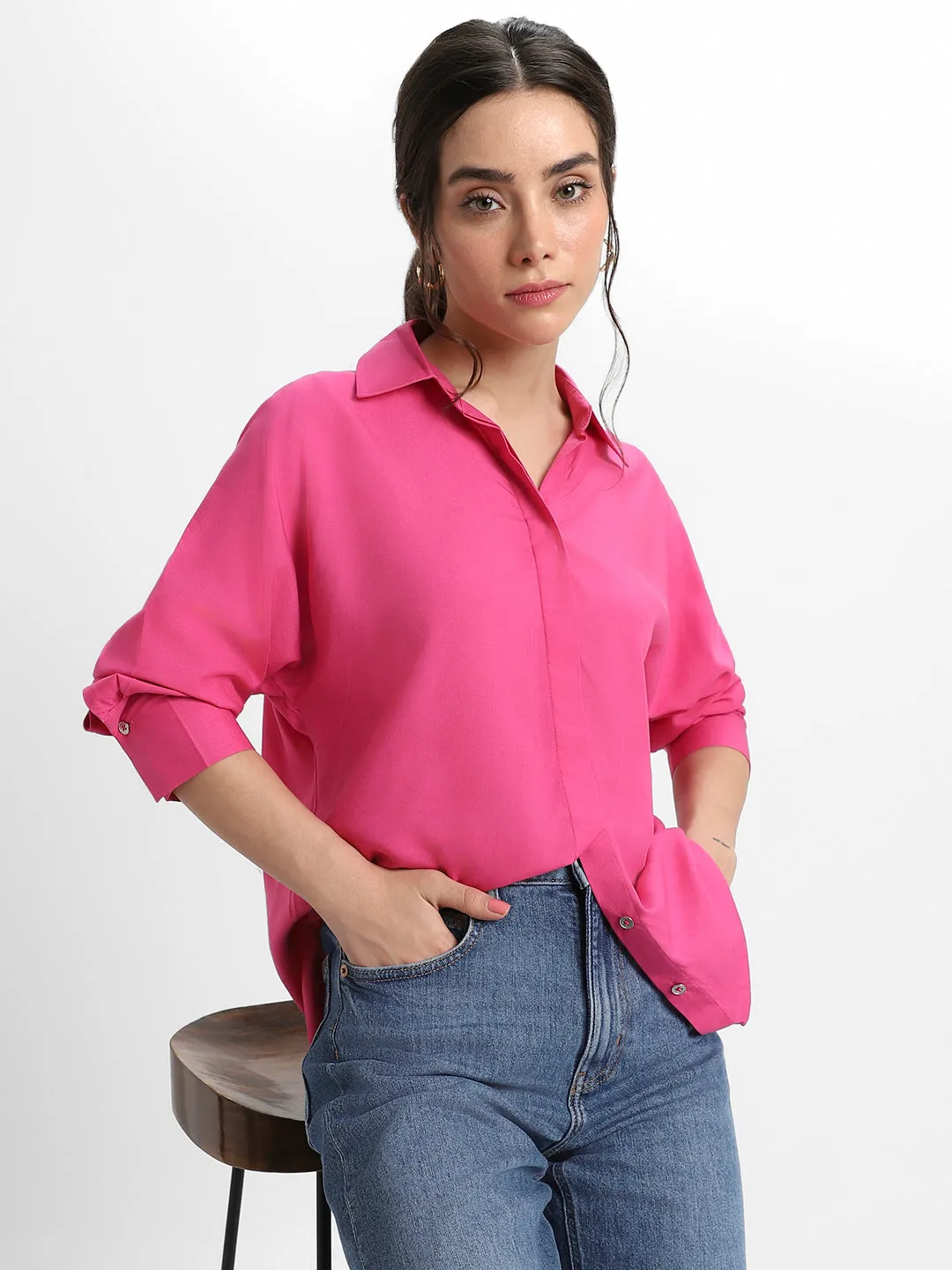 DL Woman Shirt Collar Relaxed Fit Solid Pink Shirt