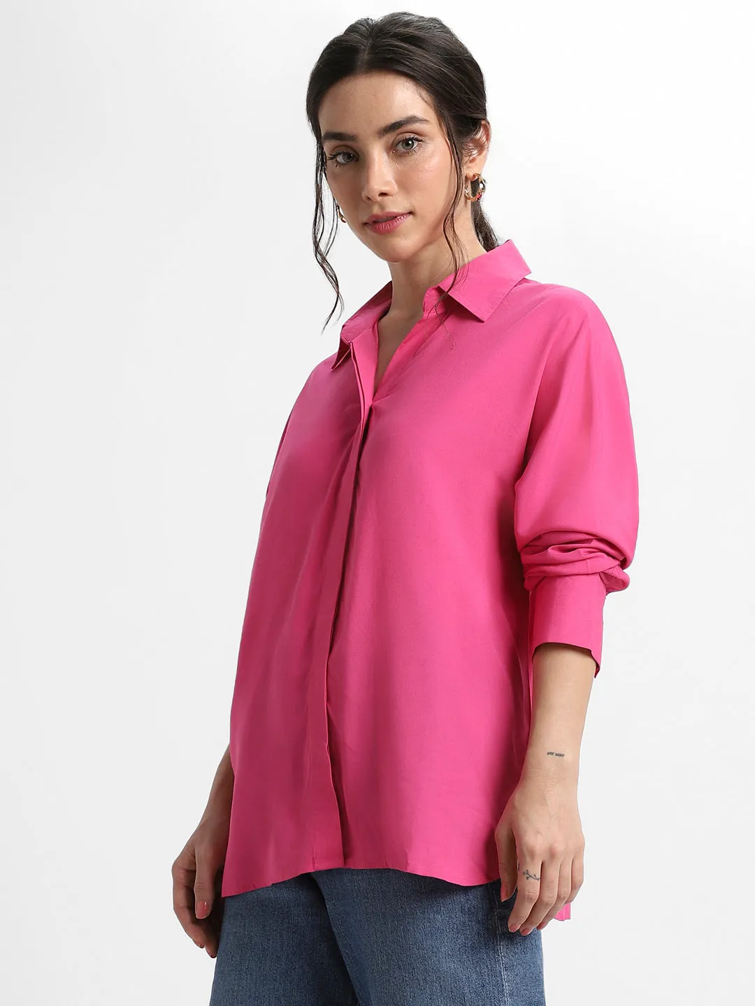 DL Woman Shirt Collar Relaxed Fit Solid Pink Shirt