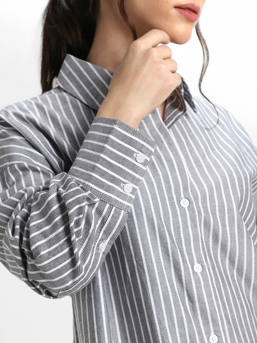 DL Woman Shirt Collar Relaxed Fit Striped Black Shirt