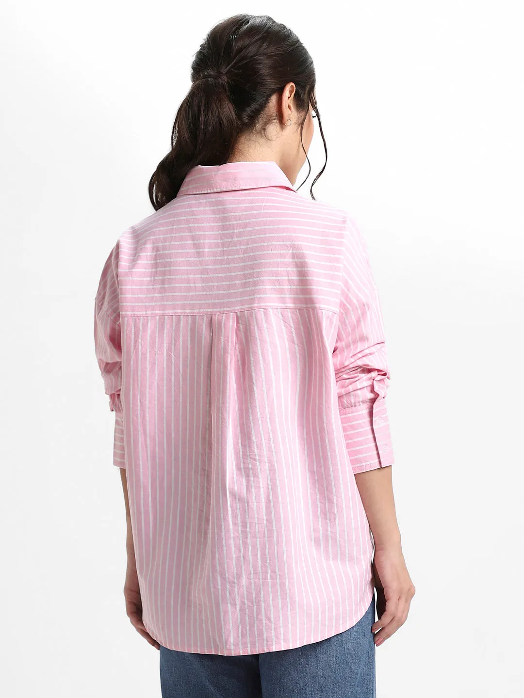 DL Woman Shirt Collar Relaxed Fit Striped Red Shirt